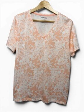 Lands' End Peach V-Neck Short Sleeve Tee With White Floral Large
